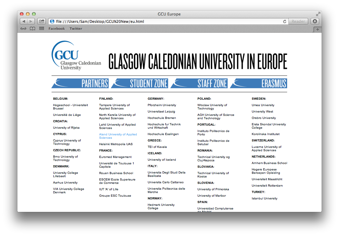 GCU Erasmus website screenshot 2